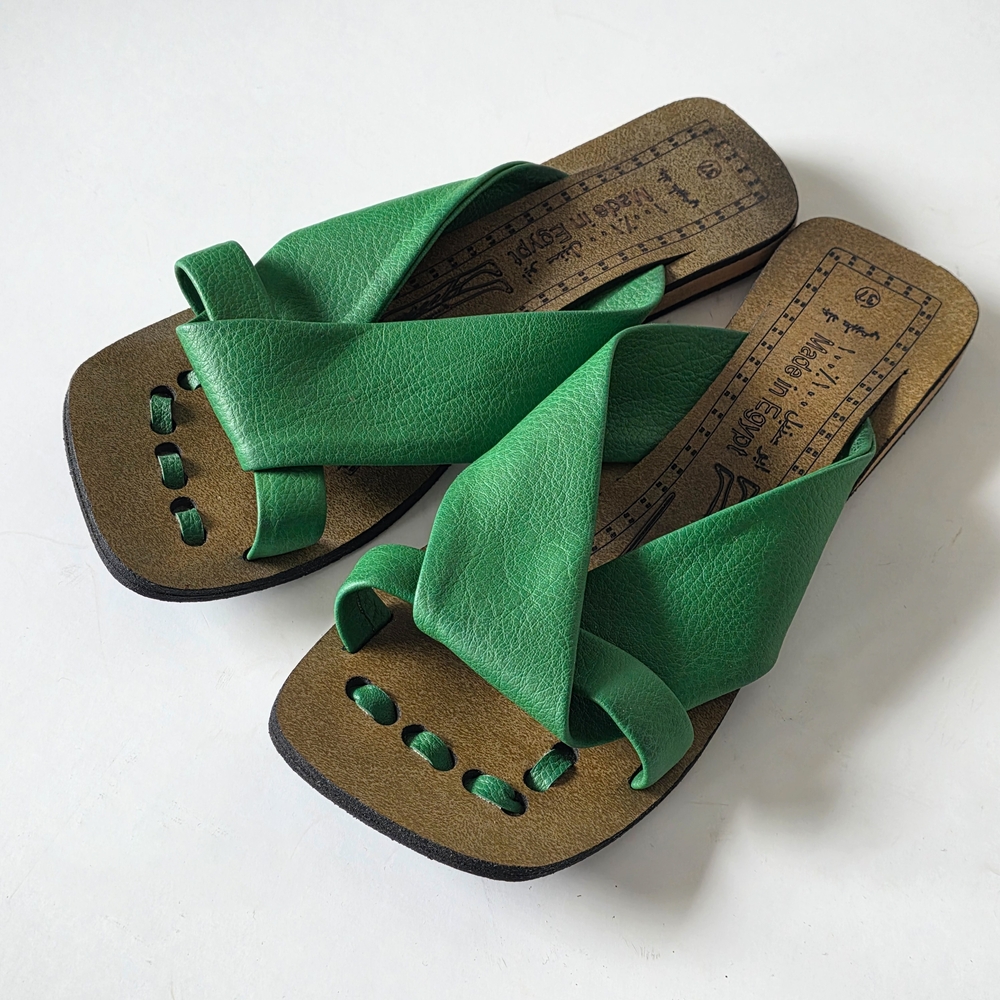 Green Leather Women's Sandals Size 37, Made In Egypt - Picture 2 of 7